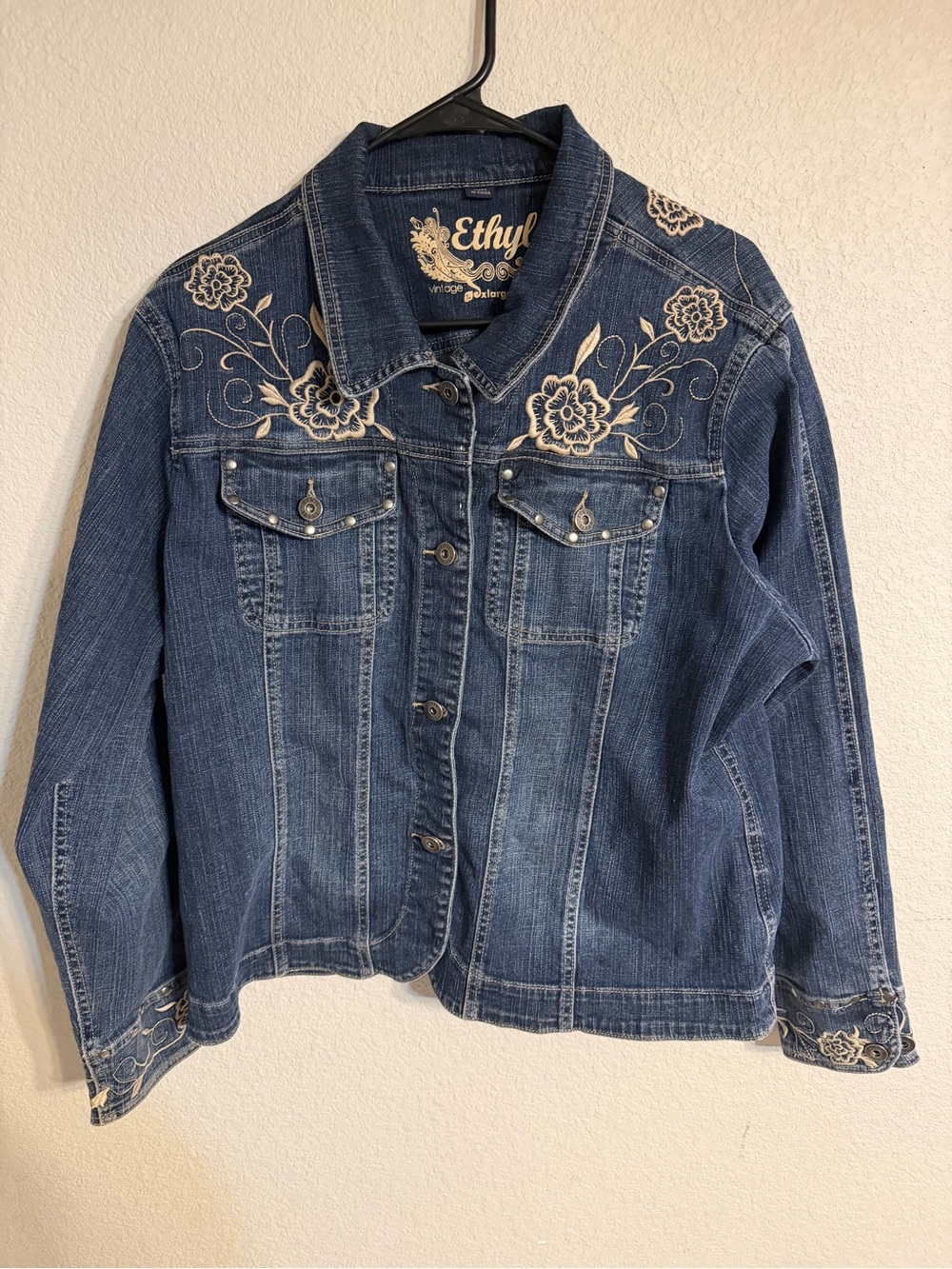 Ethyl Blue Floral Embroidered Denim Jacket